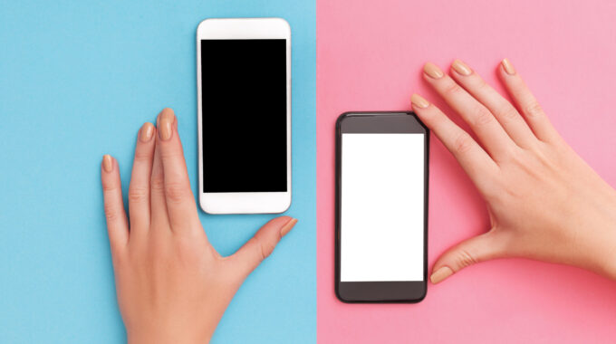 Female Hands Hold Two Phones Black And White