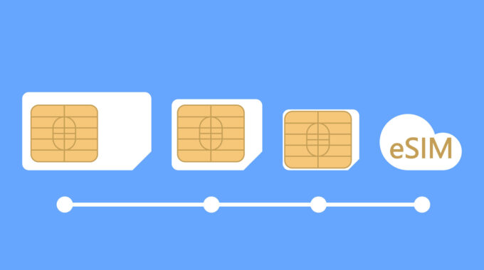 Evolution Of SIM Cards In Flat Style. ESIM Embedded SIM Card. New Chip Mobile Cellular Communication Technology. New Mobile Communication Technology 5G Network