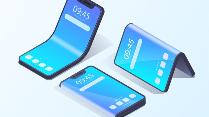 Isometric A Flexible Display Is An Electronic Visual Display. Set Of Foldable Gadgets.