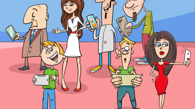 Cartoon Illustration Of People Group With Smart Phones And Electronic Devices