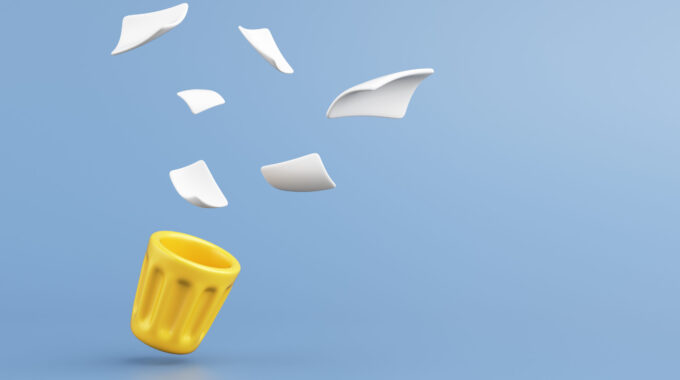 Yellow Trash Cans And White Scraps Of Paper Flew Away. About Of Data Deletion, Spam Mail, Recycled Paper, Data Transfer Or Reject On Light Blue Background. Rubbish Bin Clipping Path. 3D Illustration.