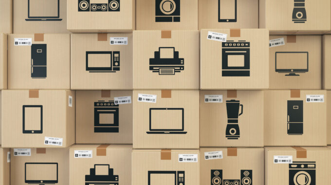 Household Kitchen Appliances And Homeelectronics In Boxes . E-commerce, Internet Online Shopping And Delivery Concept. 3d Illustration