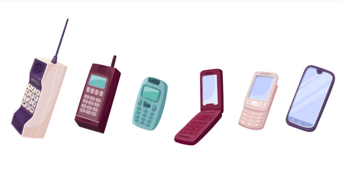 Cellphones Evolution Cartoon Illustration Set. Different Mobile Phones From Old Vintage Models With Antennas Or Push Button Telephones From Smart Devices With Touchscreen. Communication Tool Concept