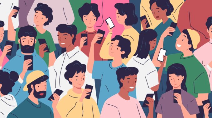 Crowd Using Smartphones. Many People Group Smartphone, Teens Look Phone Screen Read Internet News Texting, Mobile Network Technology Addiction Vector Illustration Of Crowd Mobile Phone Lifestyle